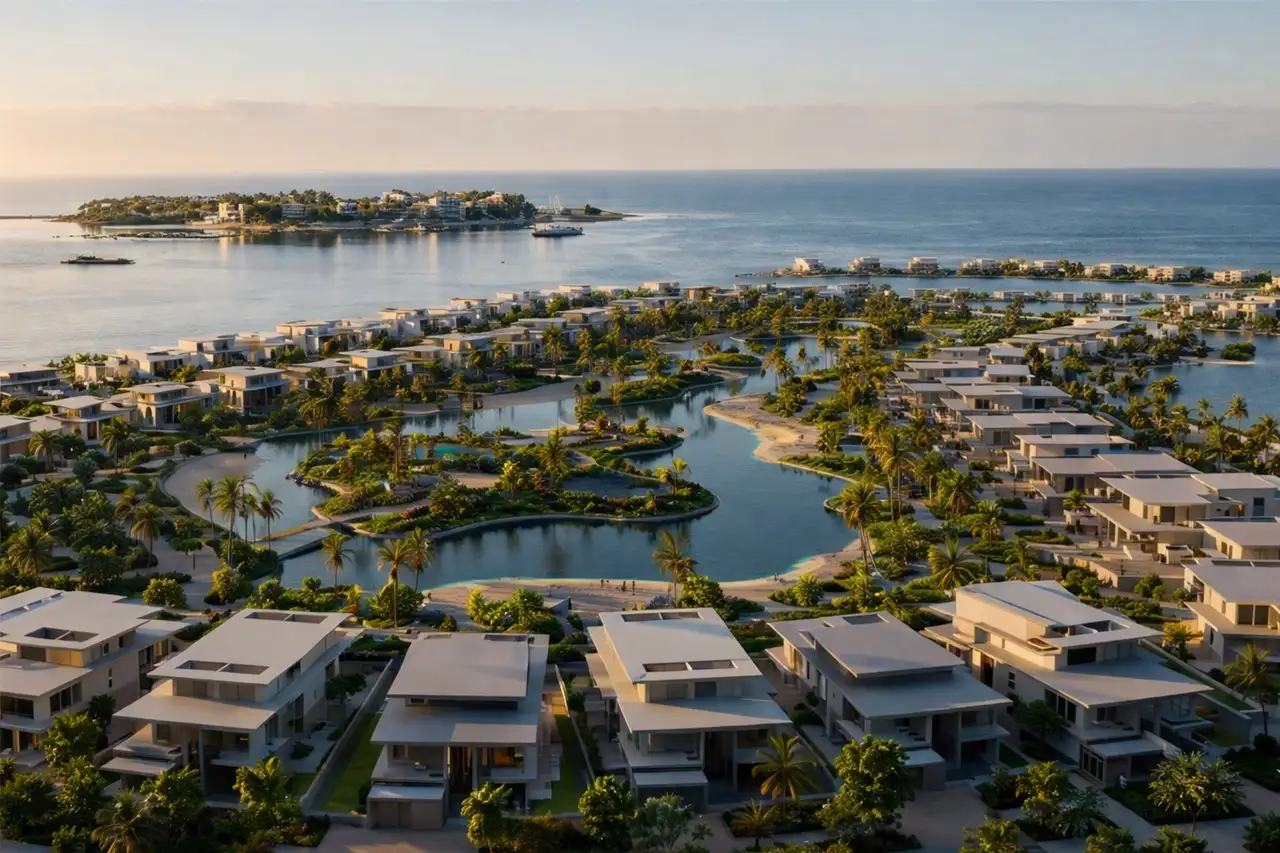 Bay Estate villas at Island E Dubai Islands by Nakheel aerial view with lagoon landscape and Gulf coastline Presented by Tohid Fetrat