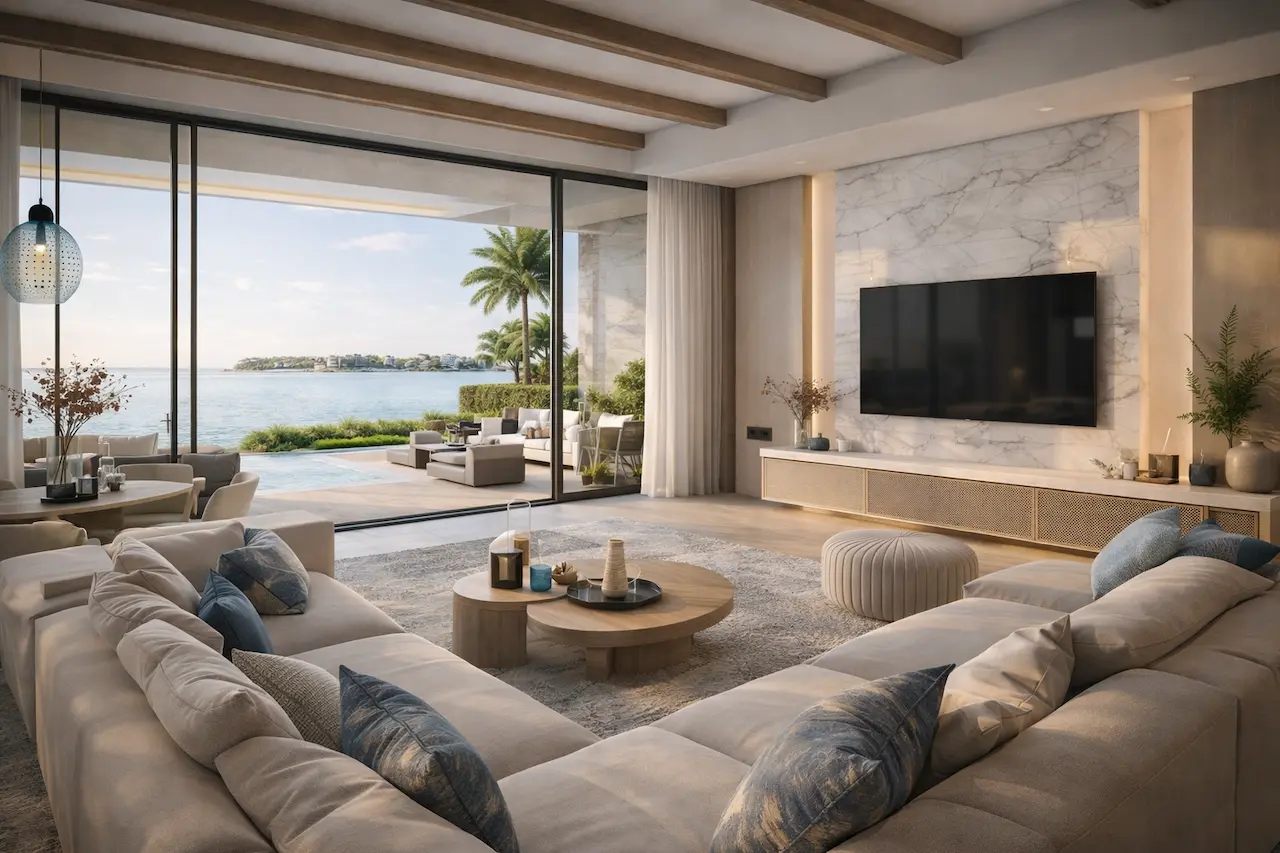 Bay Estate villas living room interior at Island E by Nakheel with sea view terrace and open plan design Presented by Tohid Fetrat AI generated concept
