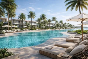 Bay Estate villas poolside amenities at Island E by Nakheel with lagoon style swimming pool palm landscape and Gulf view Presented by Tohid Fetrat AI generated concept