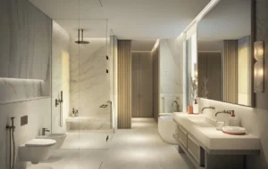 Luxury bathroom interior of Bay Villas Beachfront Villas with marble finishes, walk in shower and modern fittings in Island B Dubai Islands Presented by Tohid Fetrat