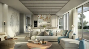 Family living room and kitchen interior of Bay Villas Beachfront Villas with contemporary furniture and designer lighting in Island B Dubai Islands Presented by Tohid Fetrat