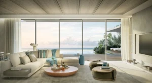 Spacious living room of Bay Villas Beachfront Villas with infinity sea view and contemporary interiors in Island B Dubai Islands Presented by Tohid Fetrat