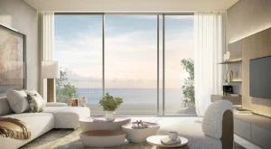 Living room interior of Bay Villas Beachfront Villas with panoramic sea view and modern furniture in Island B Dubai Islands Presented by Tohid Fetrat