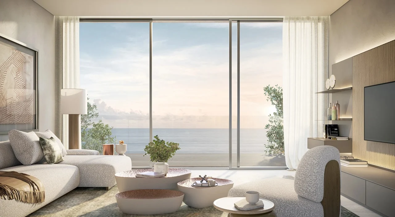 Living room interior of Bay Villas Beachfront Villas with panoramic sea view and modern furniture in Island B Dubai Islands Presented by Tohid Fetrat