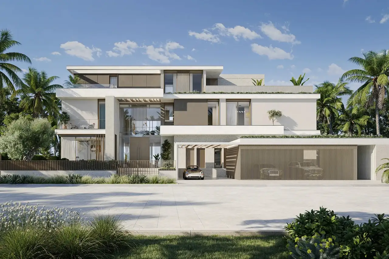 Interior entrance of Bay Villas Beachfront Villas with artistic chandelier, modern decor and garden view in Island B Dubai Islands Presented by Tohid Fetrat