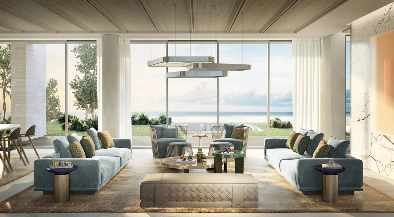 Luxury living room of Bay Villas Beachfront Villas with panoramic sea view, designer furniture and bright interiors in Island B Dubai Islands Presented by Tohid Fetrat