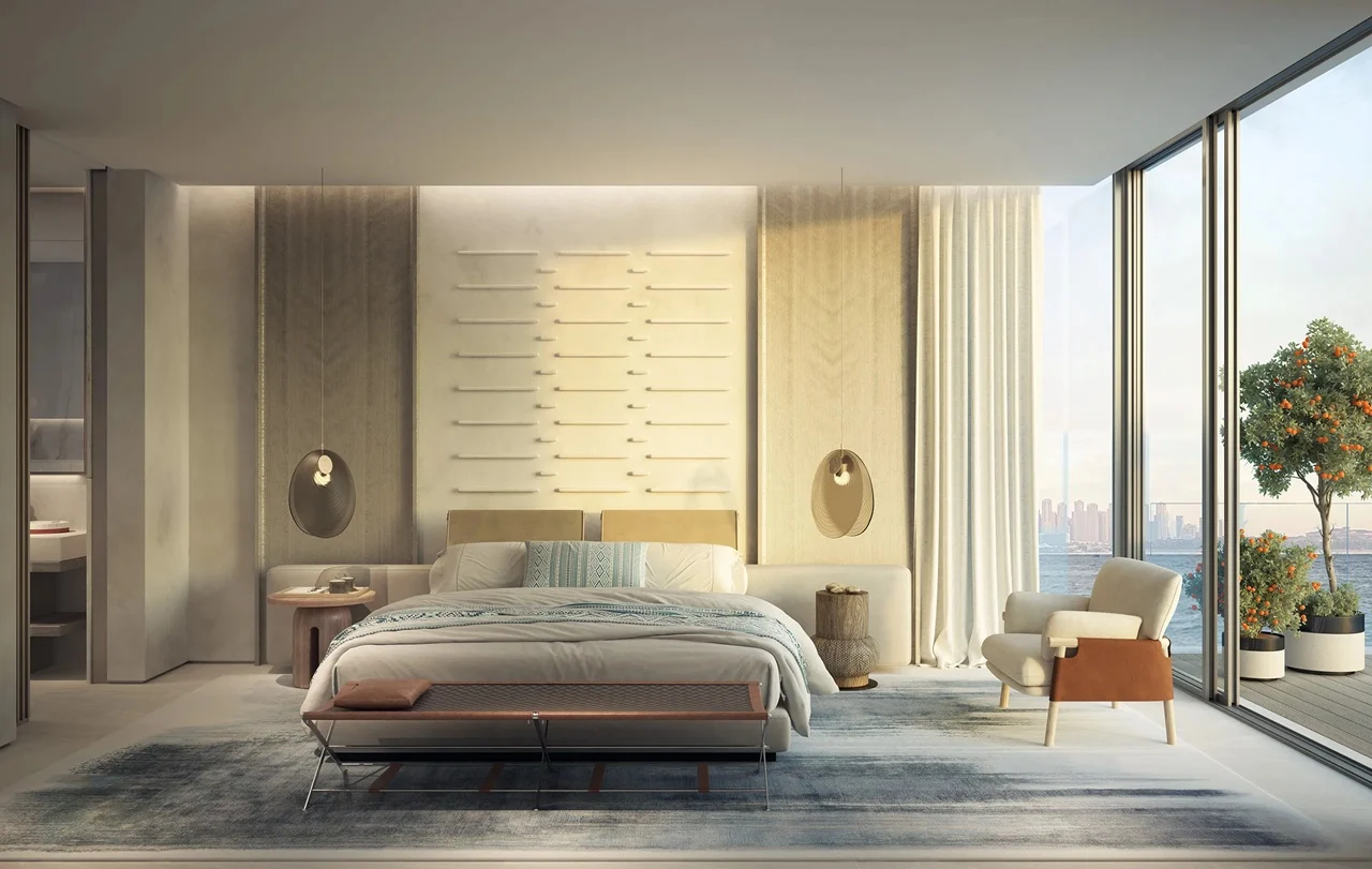 Primary bedroom of Bay Villas Beachfront Villas with sea view, modern design and natural light in Island B Dubai Islands Presented by Tohid Fetrat