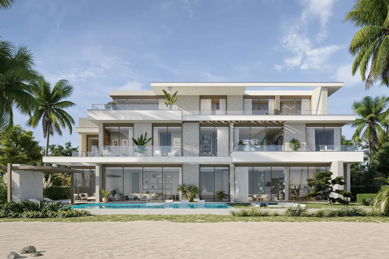 Seaside exterior of Bay Villas Beachfront Villas with private pool, open terraces and tropical landscape in Island B Dubai Islands Presented by Tohid Fetrat