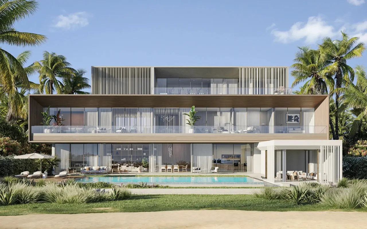 Type B exterior of Bay Villas Beachfront Villas with private pool, layered terraces and modern architecture in Island B Dubai Islands Presented by Tohid Fetrat