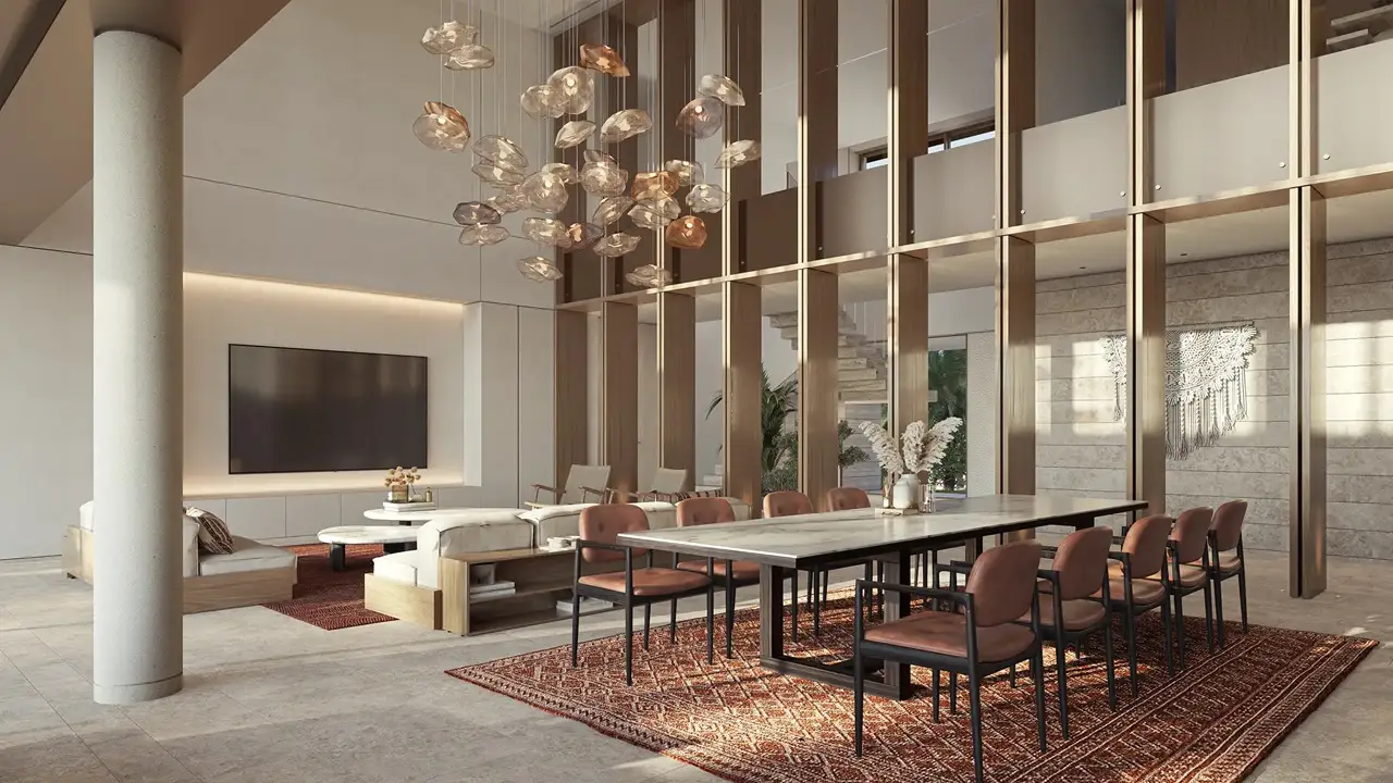 Formal dining area of Bay Villas Beachfront Villas Type B with designer chandelier and double height interior in Island B Dubai Islands Presented by Tohid Fetrat