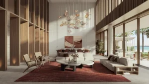 Formal living area of Bay Villas Beachfront Villas Type B with double height ceiling and artistic chandelier in Island B Dubai Islands Presented by Tohid Fetrat