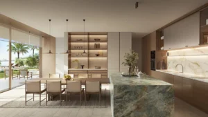 Kitchen and family dining interior of Bay Villas Beachfront Villas Type B with marble island and sea view in Island B Dubai Islands Presented by Tohid Fetrat