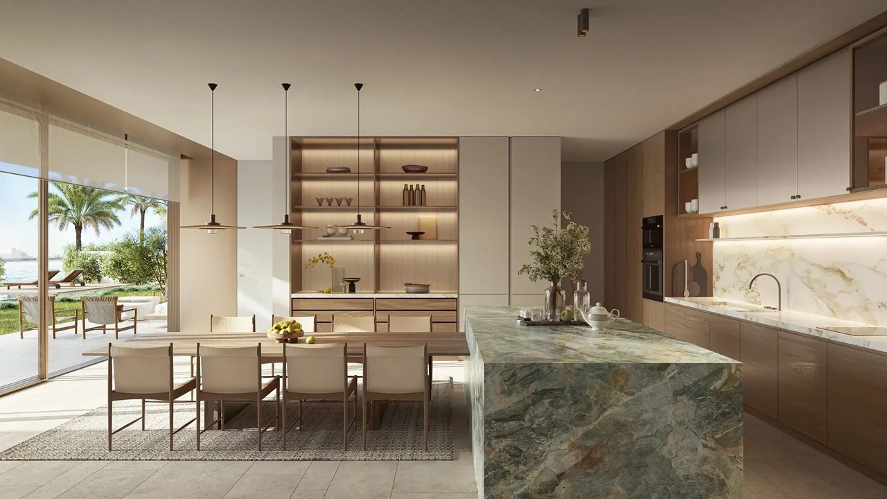 Kitchen and family dining interior of Bay Villas Beachfront Villas Type B with marble island and sea view in Island B Dubai Islands Presented by Tohid Fetrat