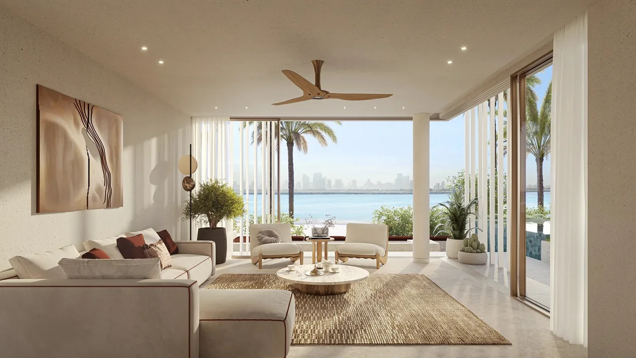 Type B living room of Bay Villas Beachfront Villas with open sea view, modern decor and bright atmosphere in Island B Dubai Islands Presented by Tohid Fetrat