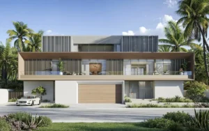 Modern exterior of Bay Villas Beachfront Villas Type B with wooden accents and landscaped frontage in Island B Dubai Islands Presented by Tohid Fetrat