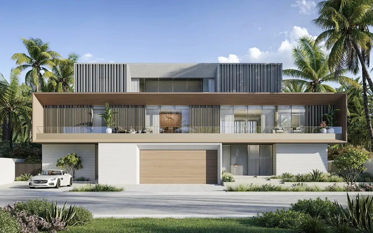 Modern exterior of Bay Villas Beachfront Villas Type B with wooden accents and landscaped frontage in Island B Dubai Islands Presented by Tohid Fetrat