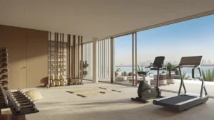 Multipurpose fitness room of Bay Villas Beachfront Villas Type B with gym equipment and sea view in Island B Dubai Islands Presented by Tohid Fetrat