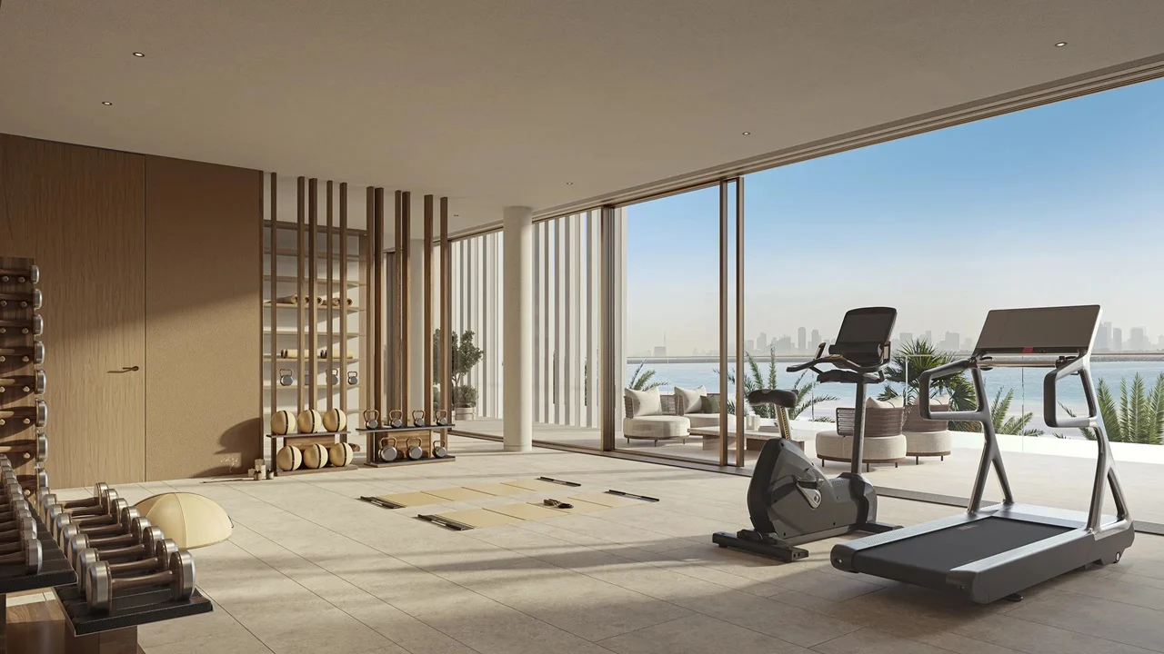 Multipurpose fitness room of Bay Villas Beachfront Villas Type B with gym equipment and sea view in Island B Dubai Islands Presented by Tohid Fetrat