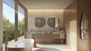 Primary bathroom of Bay Villas Beachfront Villas Type B with freestanding bathtub and natural finishes in Island B Dubai Islands Presented by Tohid Fetrat