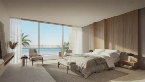 Primary bedroom of Bay Villas Beachfront Villas Type B with sea view and floor to ceiling windows in Island B Dubai Islands Presented by Tohid Fetrat