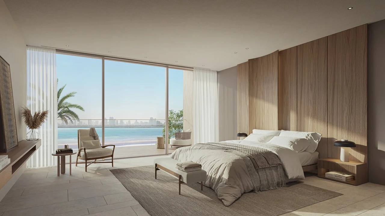 Primary bedroom of Bay Villas Beachfront Villas Type B with sea view and floor to ceiling windows in Island B Dubai Islands Presented by Tohid Fetrat