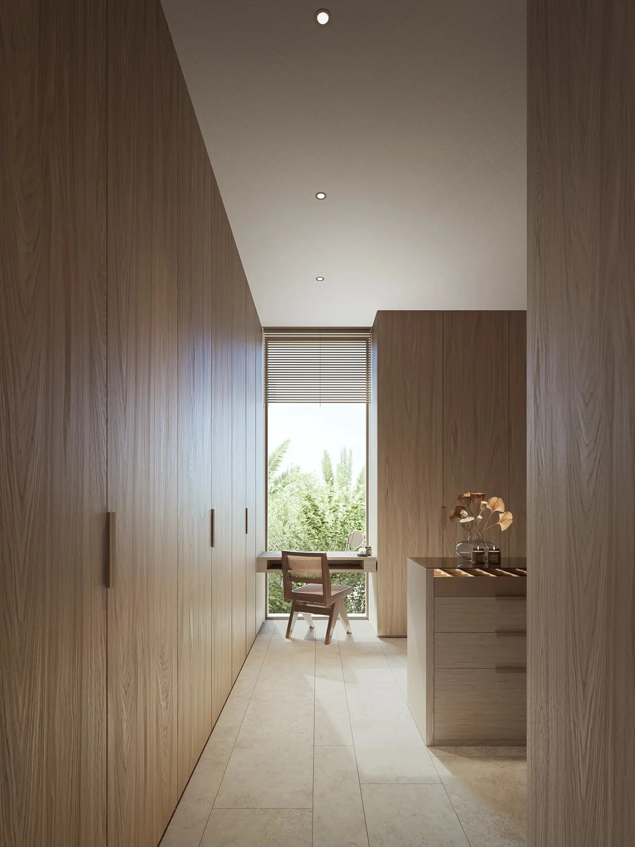 Primary wardrobe area of Bay Villas Beachfront Villas Type B with wooden finishes and dressing space in Island B Dubai Islands Presented by Tohid Fetrat
