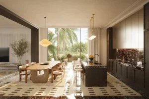 Bay Villas Beachfront Villas Type C beach villa kitchen with marble island and dining area in Island B Dubai Islands Presented by Tohid Fetrat