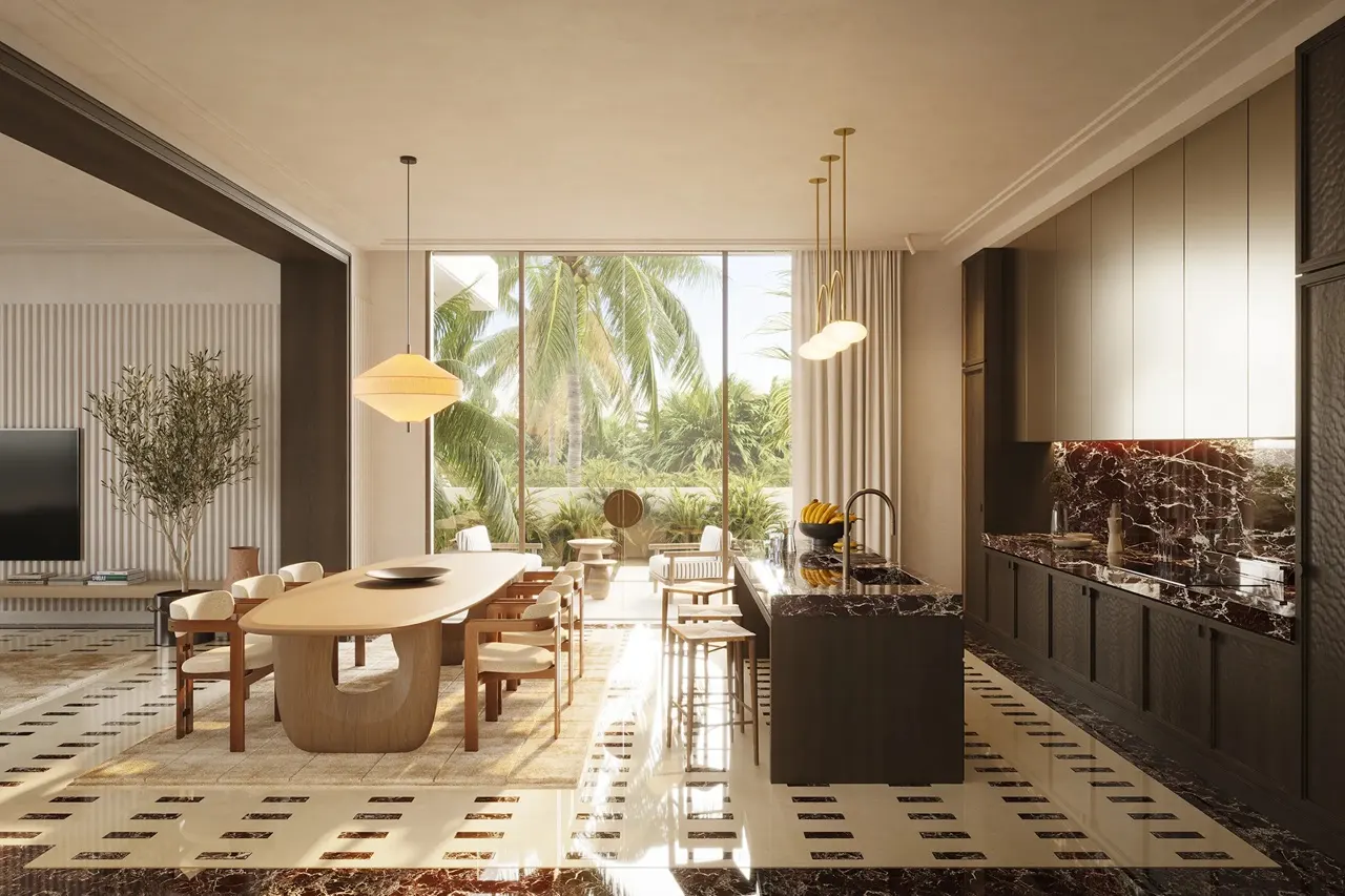 Bay Villas Beachfront Villas Type C beach villa kitchen with marble island and dining area in Island B Dubai Islands Presented by Tohid Fetrat