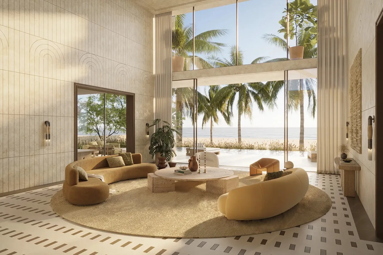 Bay Villas Beachfront Villas Type C beach villa living room with double height glass and sea view in Island B Dubai Islands Presented by Tohid Fetrat