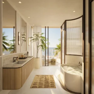 Bay Villas Beachfront Villas Type C master bathroom with freestanding bathtub sea view and natural finishes in Island B Dubai Islands Presented by Tohid Fetrat