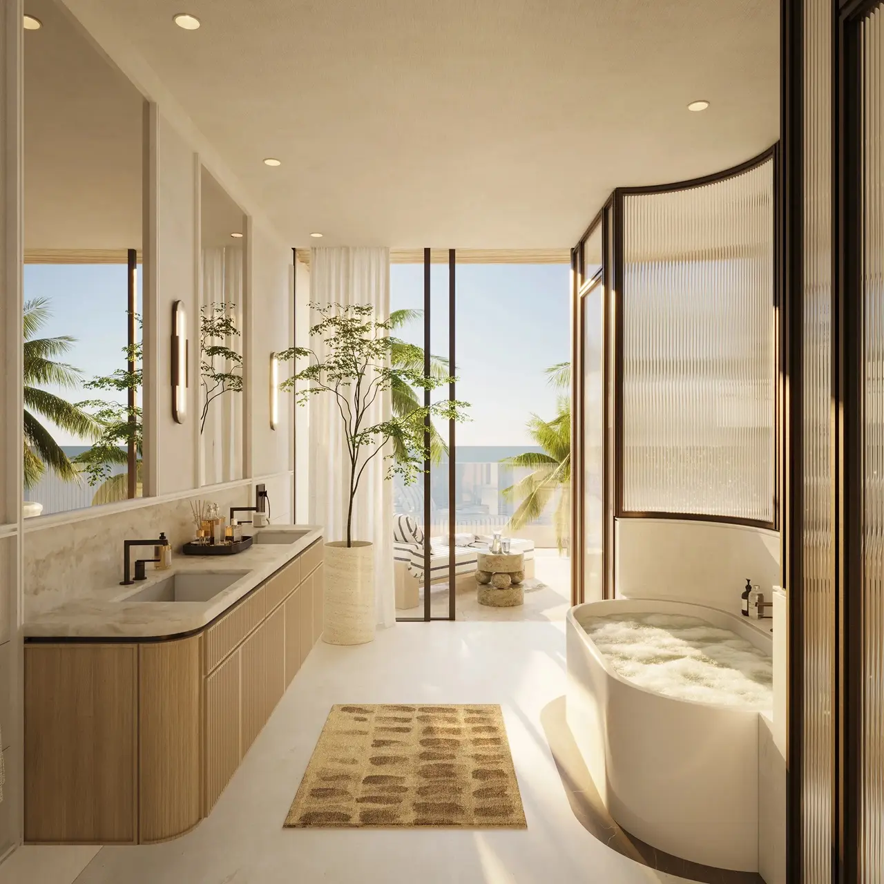 Bay Villas Beachfront Villas Type C master bathroom with freestanding bathtub sea view and natural finishes in Island B Dubai Islands Presented by Tohid Fetrat