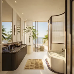 Bay Villas Beachfront Villas Type C master bathroom option 2 with marble vanity freestanding tub and sea view in Island B Dubai Islands Presented by Tohid Fetrat