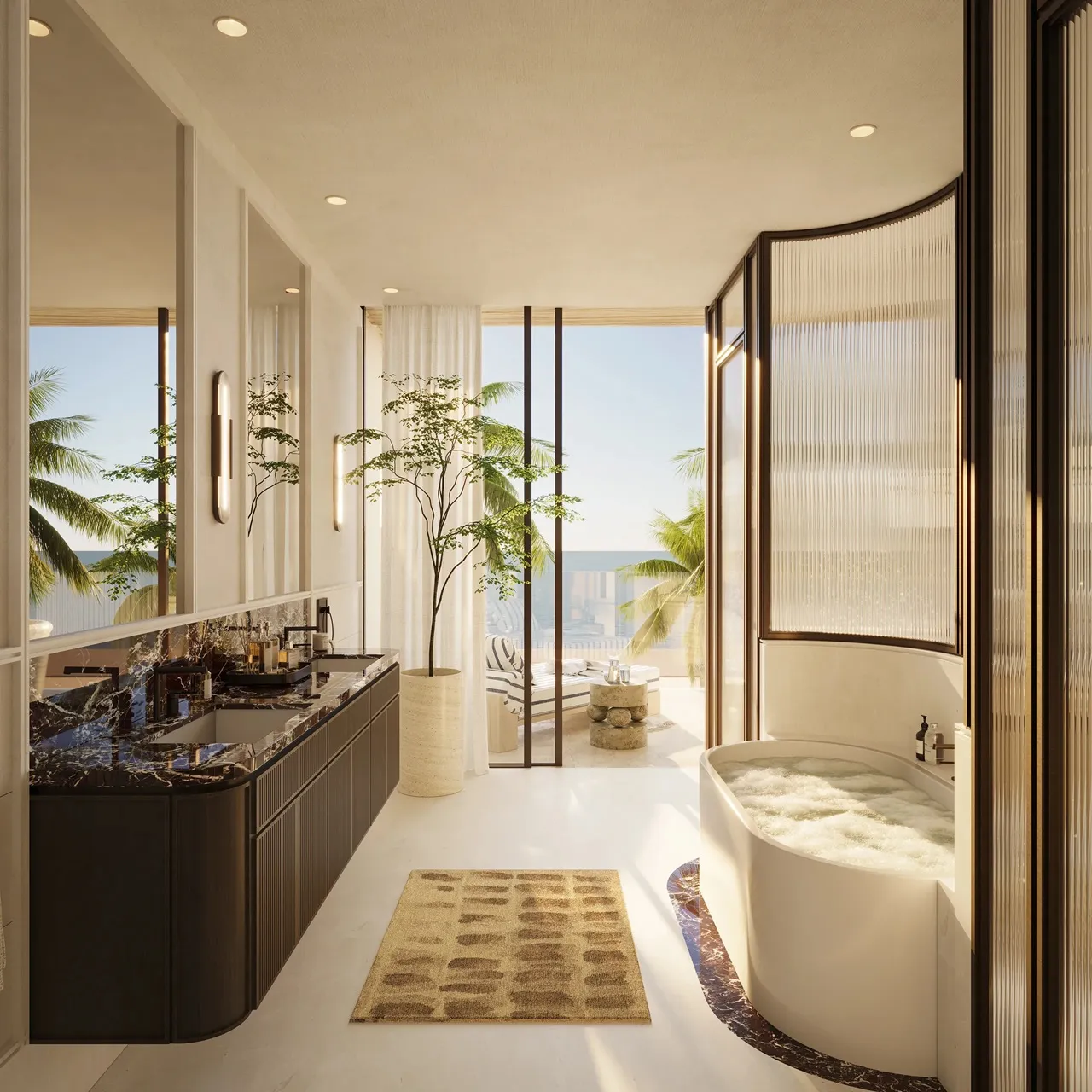 Bay Villas Beachfront Villas Type C master bathroom option 2 with marble vanity freestanding tub and sea view in Island B Dubai Islands Presented by Tohid Fetrat