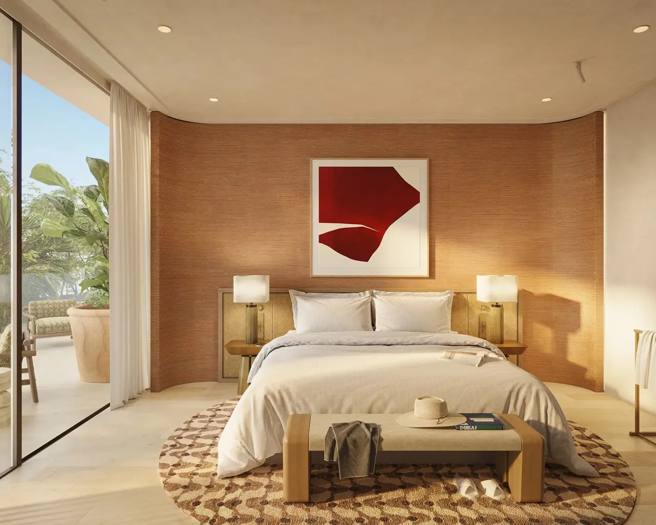 Bay Villas Beachfront Villas Type C master bedroom with warm interior design balcony access and garden view in Island B Dubai Islands Presented by Tohid Fetrat