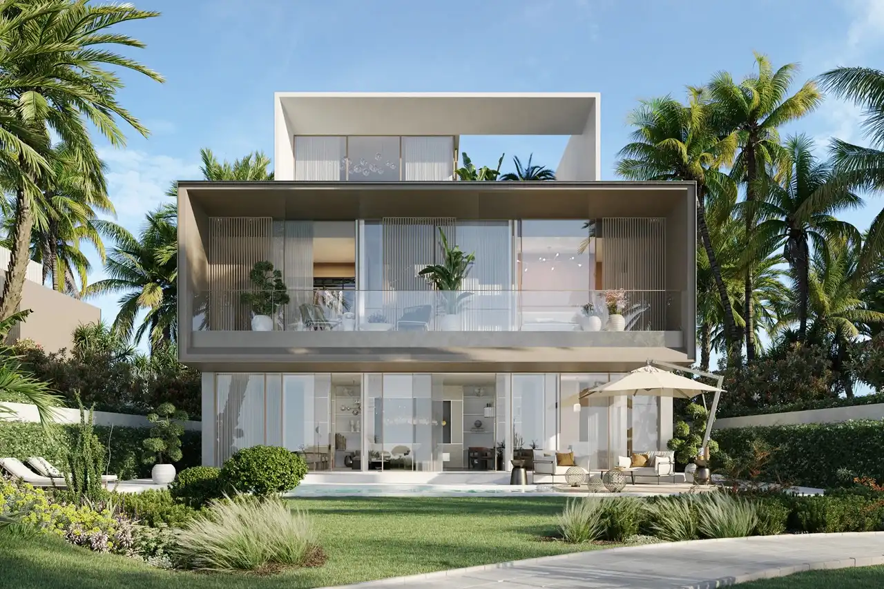 Rear exterior of Bay Villas Garden Villa featuring landscaped garden, private terrace and contemporary façade in Island B Dubai Islands Presented by Tohid Fetrat
