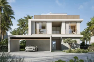 Exterior view of Bay Villas Garden Villa with modern architecture, private carport and landscaped entrance in Island B Dubai Islands Presented by Tohid Fetrat
