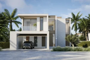 Bay Villas Garden Villa facade at Island B Dubai Islands by Nakheel with contemporary architecture and private driveway Presented by Tohid Fetrat