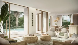Bay Villas Garden Villa living room at Island B Dubai Islands by Nakheel with open layout and garden pool view Presented by Tohid Fetrat