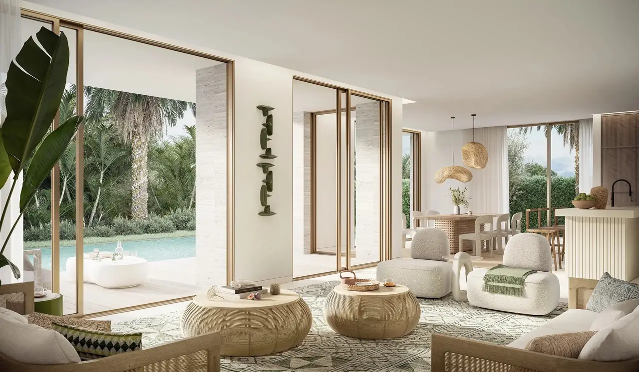 Bay Villas Garden Villa living room at Island B Dubai Islands by Nakheel with open layout and garden pool view Presented by Tohid Fetrat