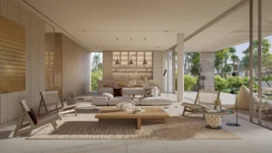 Bay Villas Garden Villa open plan living room with dining area, floor to ceiling glass and garden view in Island B Dubai Islands by Nakheel – Presented by Tohid Fetrat