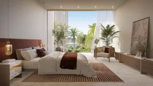 Bay Villas Garden Villa primary bedroom with floor to ceiling windows, natural light, modern interior and garden views in Island B Dubai Islands by Nakheel, Presented by Tohid Fetrat