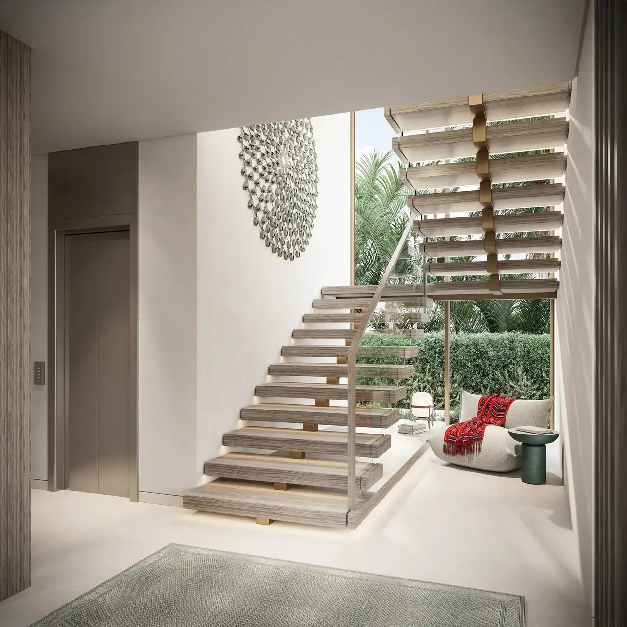 Bay Villas Garden Villa staircase interior at Island B Dubai Islands by Nakheel with modern floating steps and natural light Presented by Tohid Fetrat