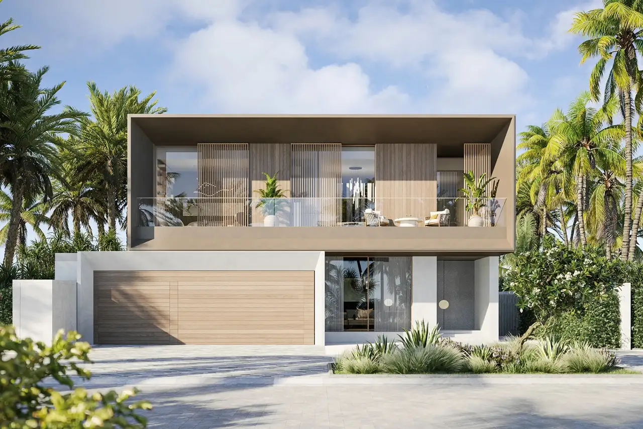 Front exterior of Bay Villas Garden Villa with modern façade, wooden accents and tropical landscaping in Island B Dubai Islands Presented by Tohid Fetrat