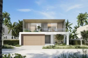 Bay Villas Garden Villa Type C front exterior at Island B Dubai Islands by Nakheel with modern façade landscaping and private entrance Presented by Tohid Fetrat