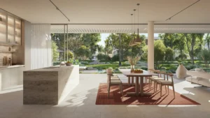Bay Villas Garden Villa Type C open kitchen and dining area at Island B Dubai Islands by Nakheel with indoor outdoor connection and landscape views Presented by Tohid Fetrat