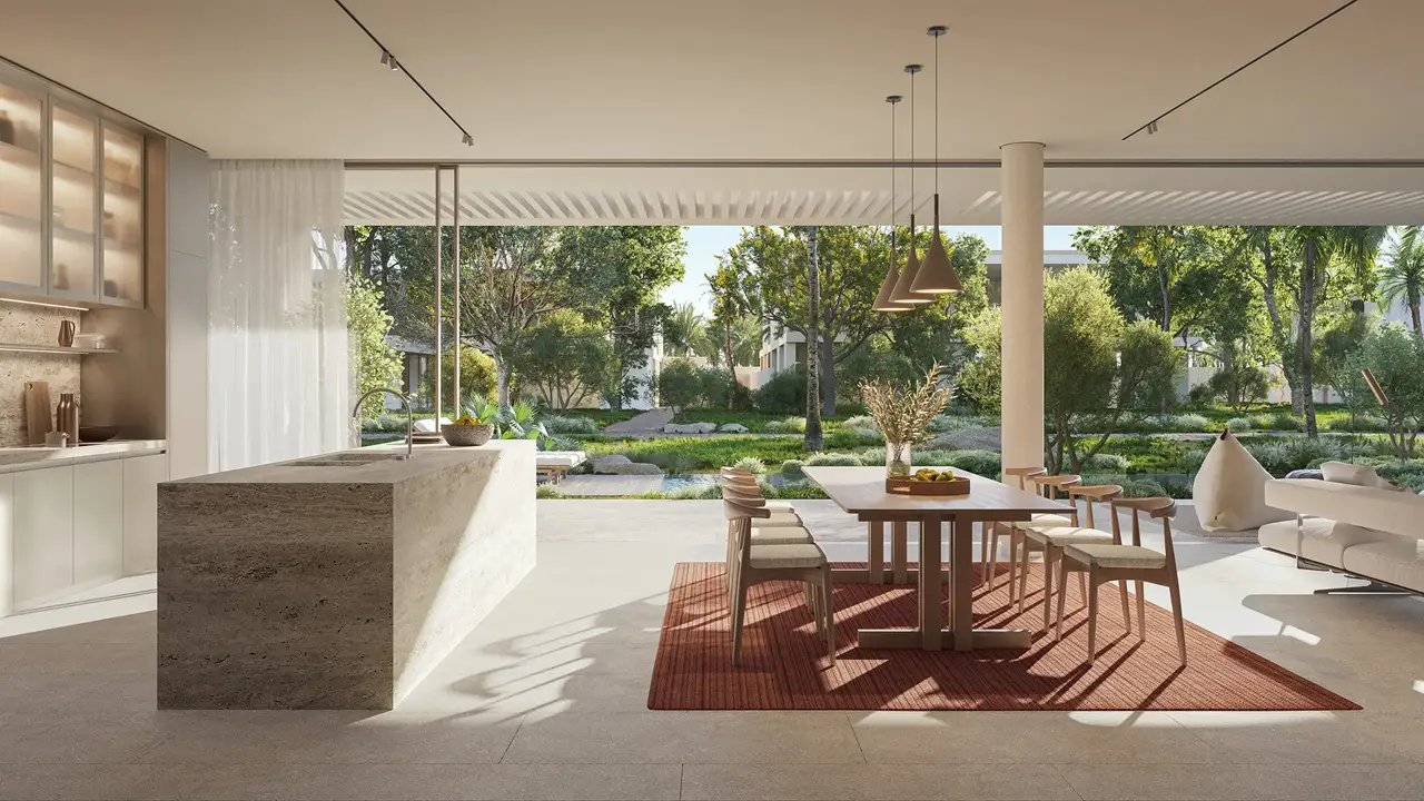 Bay Villas Garden Villa Type C open kitchen and dining area at Island B Dubai Islands by Nakheel with indoor outdoor connection and landscape views Presented by Tohid Fetrat