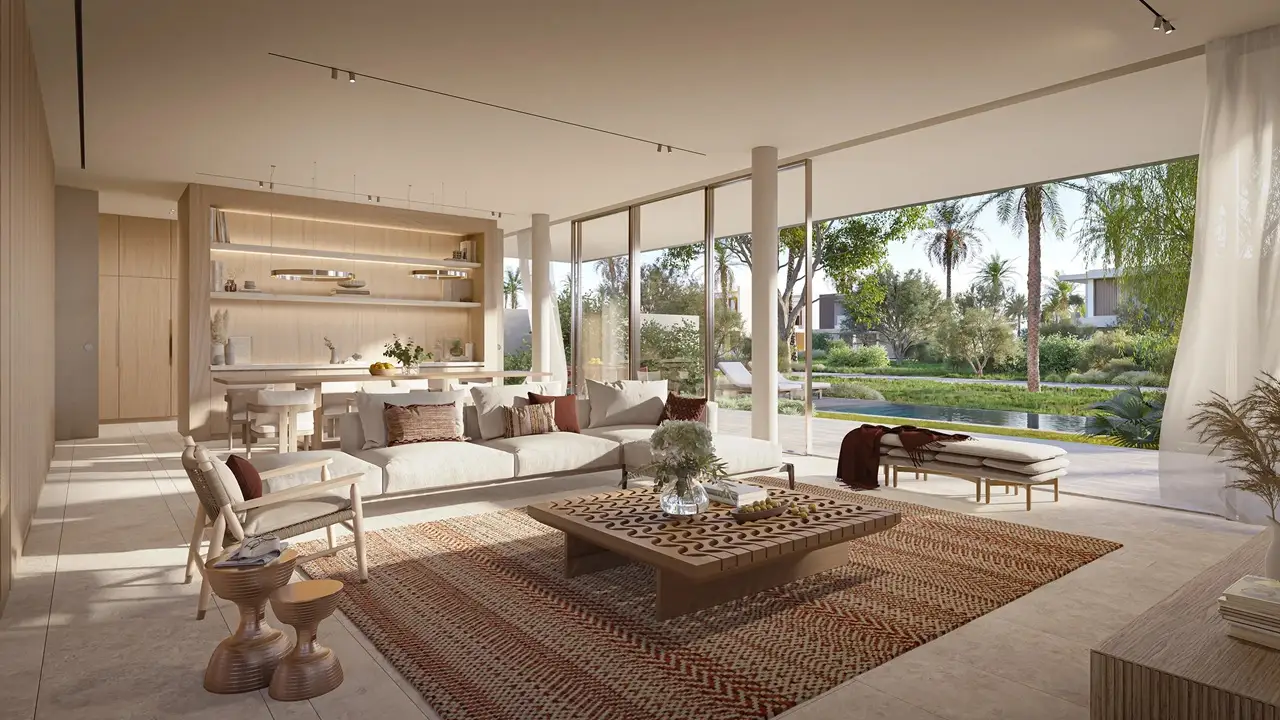 Bay Villas Garden Villa Type C living room at Island B Dubai Islands by Nakheel with open-plan design and pool garden view Presented by Tohid Fetrat