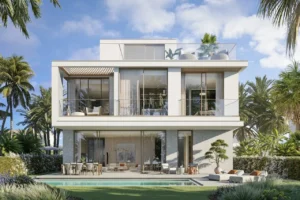 Bay Villas Garden Villa Type D exterior with private pool and landscaped garden, modern facade in Island B Dubai Islands by Nakheel, Presented by Tohid Fetrat