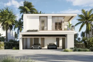 Bay Villas Garden Villa Type D front facade with covered driveway and modern architecture in Island B Dubai Islands by Nakheel, Presented by Tohid Fetrat
