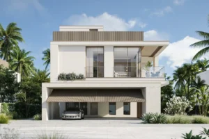 Bay Villas Garden Villa Type D front facade with covered parking and modern architecture in Island B Dubai Islands by Nakheel, Presented by Tohid Fetrat